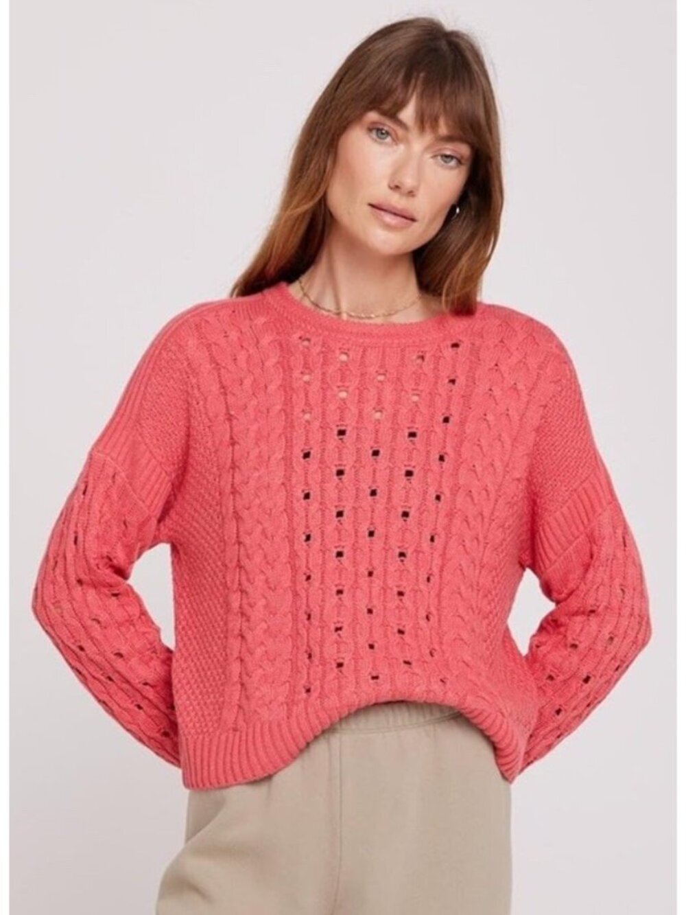 NWT SPIRITUAL GANGSTER Gemma Cable Knit Sweater Coral Size Large $148.00